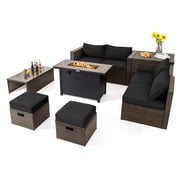 Patiojoy 9 Pieces Outdoor Patio Furniture Set with 42" Propane Fire Pit Table Outdoor PE Wicker Space-Saving Sectional Sofa Set Black