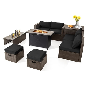 Patiojoy Ensemble de 9 Pcs de Meubles de Patio Extérieur avec Table de Foyer au Propane de 42 Pouces Ensemble de Canapé Sectionnel en Osier PE d'Extérieur Gain de Place Noir