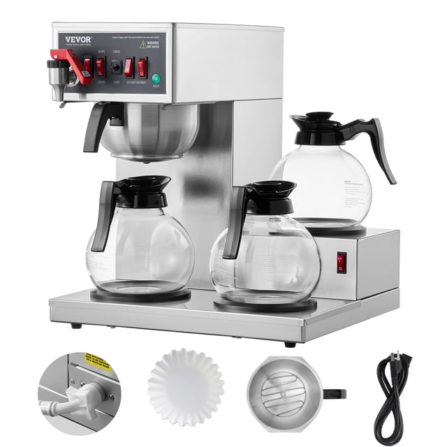 12 Cups Commercial Drip Coffee Maker by VEVOR with 3 glass carafes and 3 warming plates. Features a stainless steel body, mechanical buttons, and indicator lights for easy operation. Includes a removable stainless steel funnel, filter paper, power cord, and automatic water inlet pipe. Suitable for offices, cafes, and restaurants.