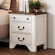 WAMPAT Farmhouse End Table with Charging Station – 20.5" Sofa Side Table with 3 Large Drawers, Rustic Wood Nightstand for Bedroom, Living Room, and Home Office (Rusic White)