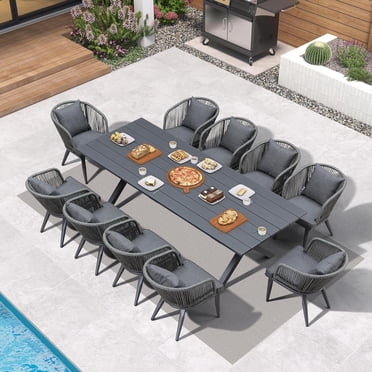 PURPLE LEAF Ensemble de Salle à Manger de Patio 11 Pcs, Table d'Extérieur Rectangulaire en Aluminium et 10 Chaises en Osier avec Coussins pour Jardin, Cuisine et Véranda, Gris