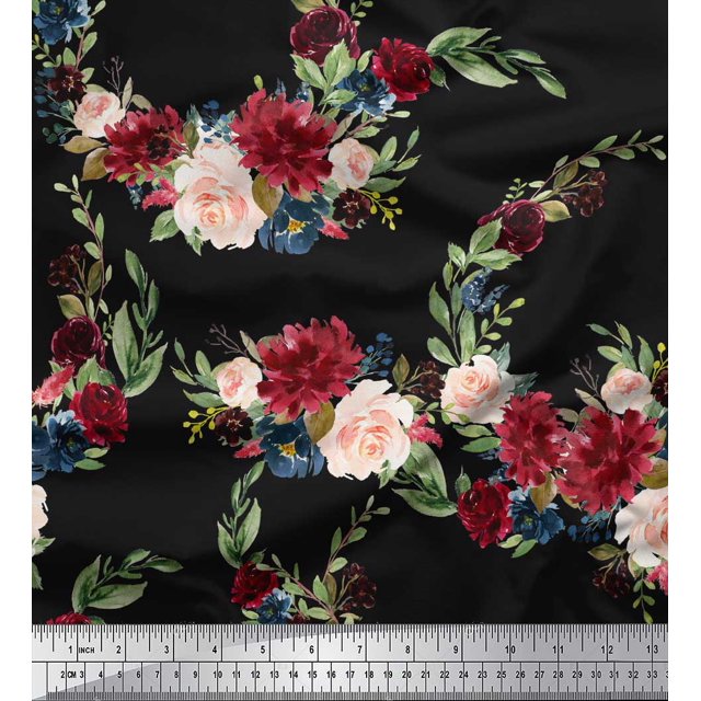 Soimoi Black Silk Fabric Ranunculus & Penoy Floral Print Print Fabric By the Yard 44 Inch Wide