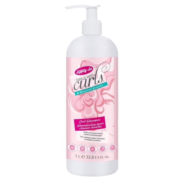 Girls With Curls Curl Shampoo in a 1 L white pump bottle with a pink label featuring curly hair graphics, designed to gently cleanse, seal moisture, and boost shine for dry, frizzy, and curly hair. Sulfate-free and colour-safe with coconut oil and shea butter, ideal for enhancing curl definition.