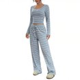 thumbnail image 2 of NJDVHB Économies d'Automne Hiver! Ensemble de Détente pour Femmes, Tenues de Nuit pour Dames, Blouse à Rayures Décontractée Col Rond Manches Longues Mode Short Pyjama, Bleu, P, 2 of 5