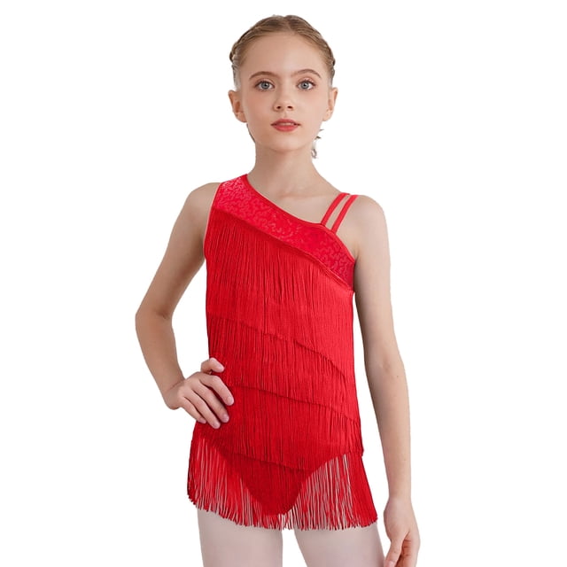 vastwit Robe de Danse Latine à Franges pour Filles, Justaucorps de Performance Jazz Tango à Pampilles, Justaucorps de Gymnastique Rouge 14