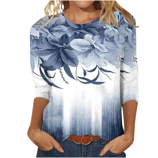 Pompotops T-shirt Ample Imprimé Mode Femme Manches 3/4 Mi-Longueur Col Rond Décontracté en Liquidation