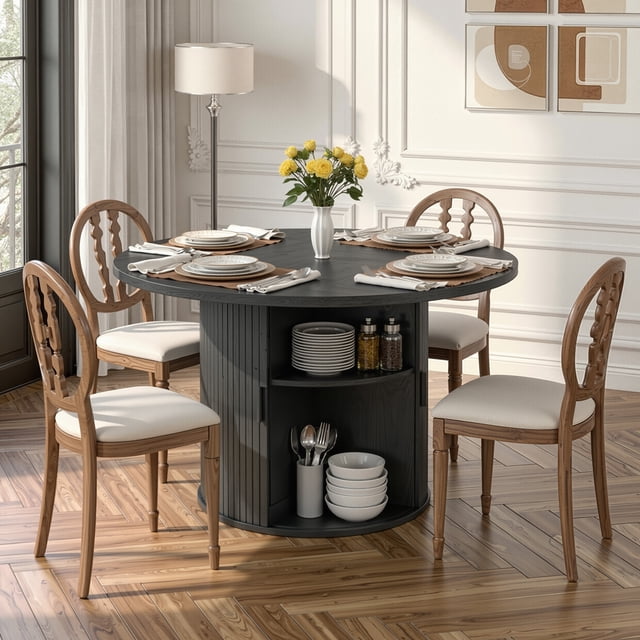 Hawsaiy 47" Round Dining Table for 4 with Sliding Door Storage Base, Waterproof Scratch-Resistant Wood Top, Modern Farmhouse Kitchen Dining Table, Black