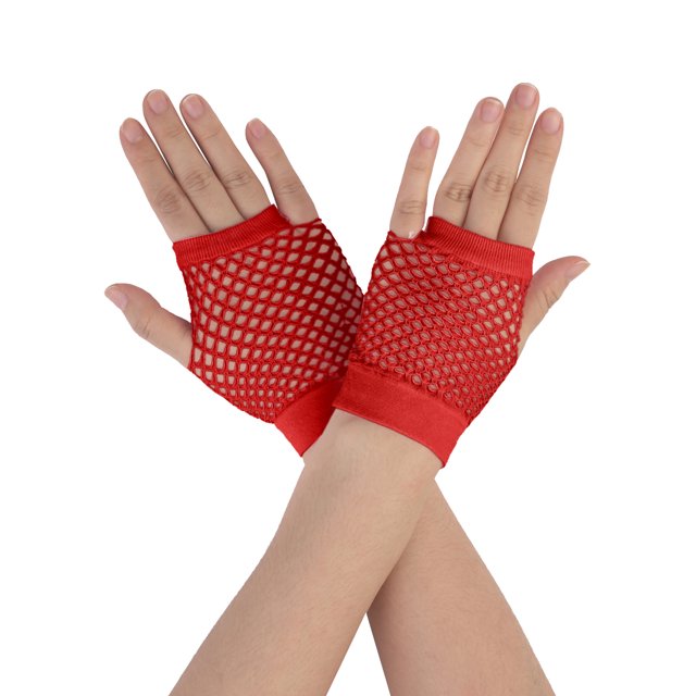 Unique Bargains Gants Résille Sans Doigts à Trou pour le Pouce pour Femmes Longueur Coude Rouges Courts-1 Paire
