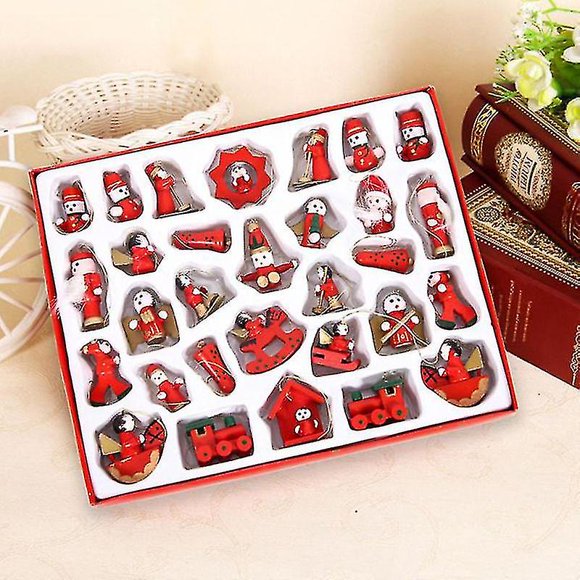 Christmas Tree Decorations Wooden Pendant Diy Painted Christmas Tree Hanging Ornaments-30pcs Red-(Bmatwk)