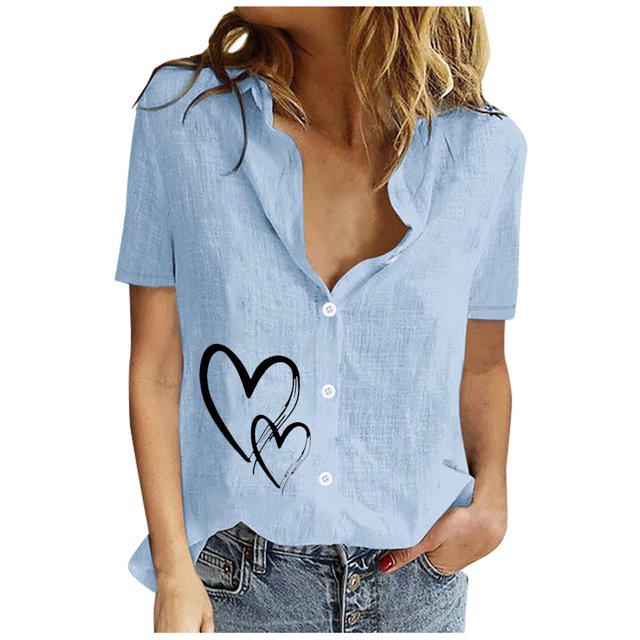 EQWLJWE Chemises pour Femmes Liquidation Femmes Manches Courtes Décontracté Femmes Imprimé Manches Courtes Ample Bouton Col Rabattu Chemise Blouse Unie
