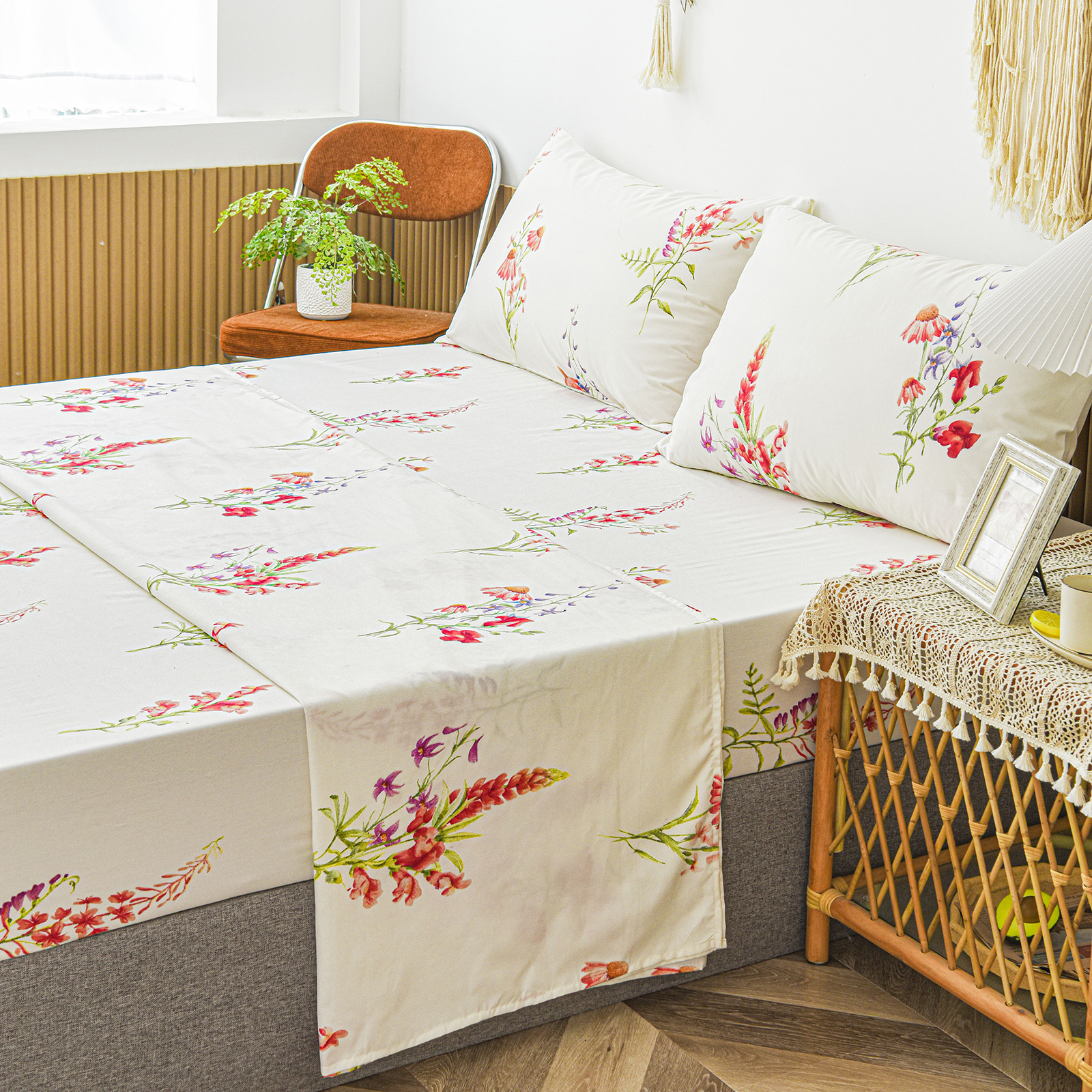 Move Over 4 pcs Floral Sheet Set Queen Botanical Fitted Sheet Flowers Pattern All Around Elastics Deep Pocket Sheet