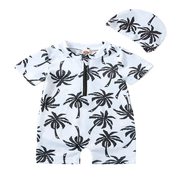 Infant Baby Boy Swimsuit with Hat Coconut Tree Short Sleeve Neck Half Zipper One Piece Bathing Suit