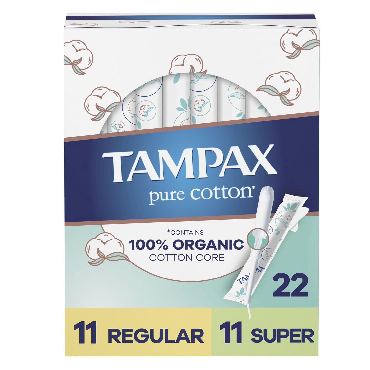 Tampax Tampons en Coton Pur, Contient un Cœur en Coton Biologique à 100 %, Absorption Régulière/super, Sans Parfum