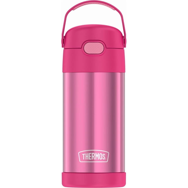 Thermos Bouteille d'Eau pour Enfants Isolée sous Vide Funtainer avec Paille Rabattable, 355 ml, Rose, Vue de devant d'Une Bouteille en Acier Inoxydable Rose Vif avec Couvercle à Bouton-Poussoir Sans BPA et Paille Escamotable, Boucle de Transport Intégrée, Isolation sous Vide Gardant les Boissons Froides jusqu'à 12 Heures, et base Antidérapante, Idéale pour l'Hydratation des Enfants en Déplacement.