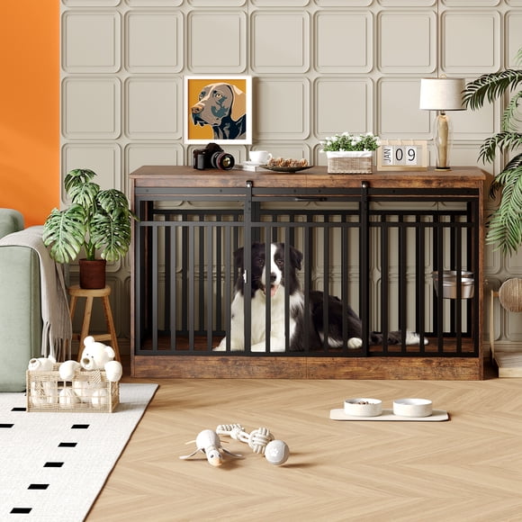 AKDSteel 55 Inch Large Dog Crate Furniture With Sliding Door And Food Bowl, Heavy-Duty Metal And Wood Indoor Pet Cage, Vintage Brown Tv Stand For Medium To Large Dogs