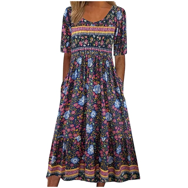 FAVIPT Robe Maxi à Manches Courtes pour Femmes en Violet avec Imprimé floral, avec Encolure Ras du Cou, Volants à Étages, Corsage Smocké et Poches Latérales. Ce design Bohème Offre une silhouette Trapèze Fluide, Parfait comme Robe d'Été Décontractée Ou pour les occasions Formelles. Disponible en Taille TTG.