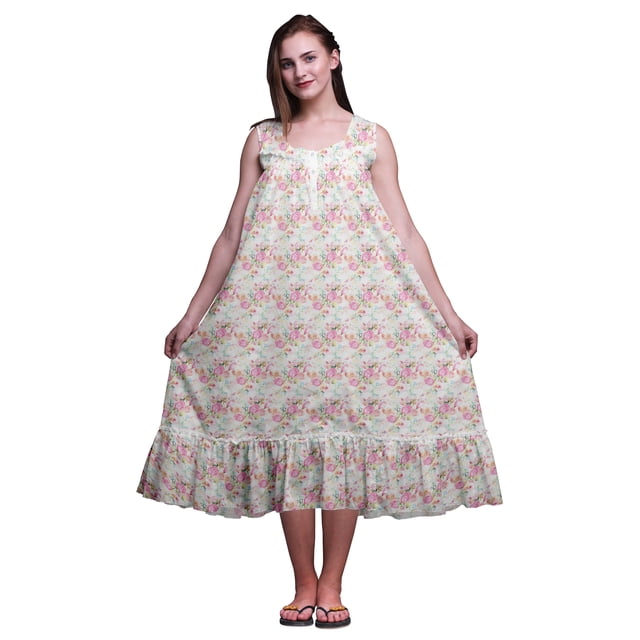 Bimba White13 Chemises de Nuit en Coton à Feuilles Florales et Roses pour Femmes Mi-Mollet Imprimées Robe de Nuit Petite