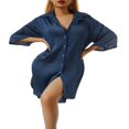 thumbnail image 3 of Chemise de Nuit en Satin pour Femme, Boutonnée, Col en V, Robe de Sommeil, Bleu, G, 3 of 8