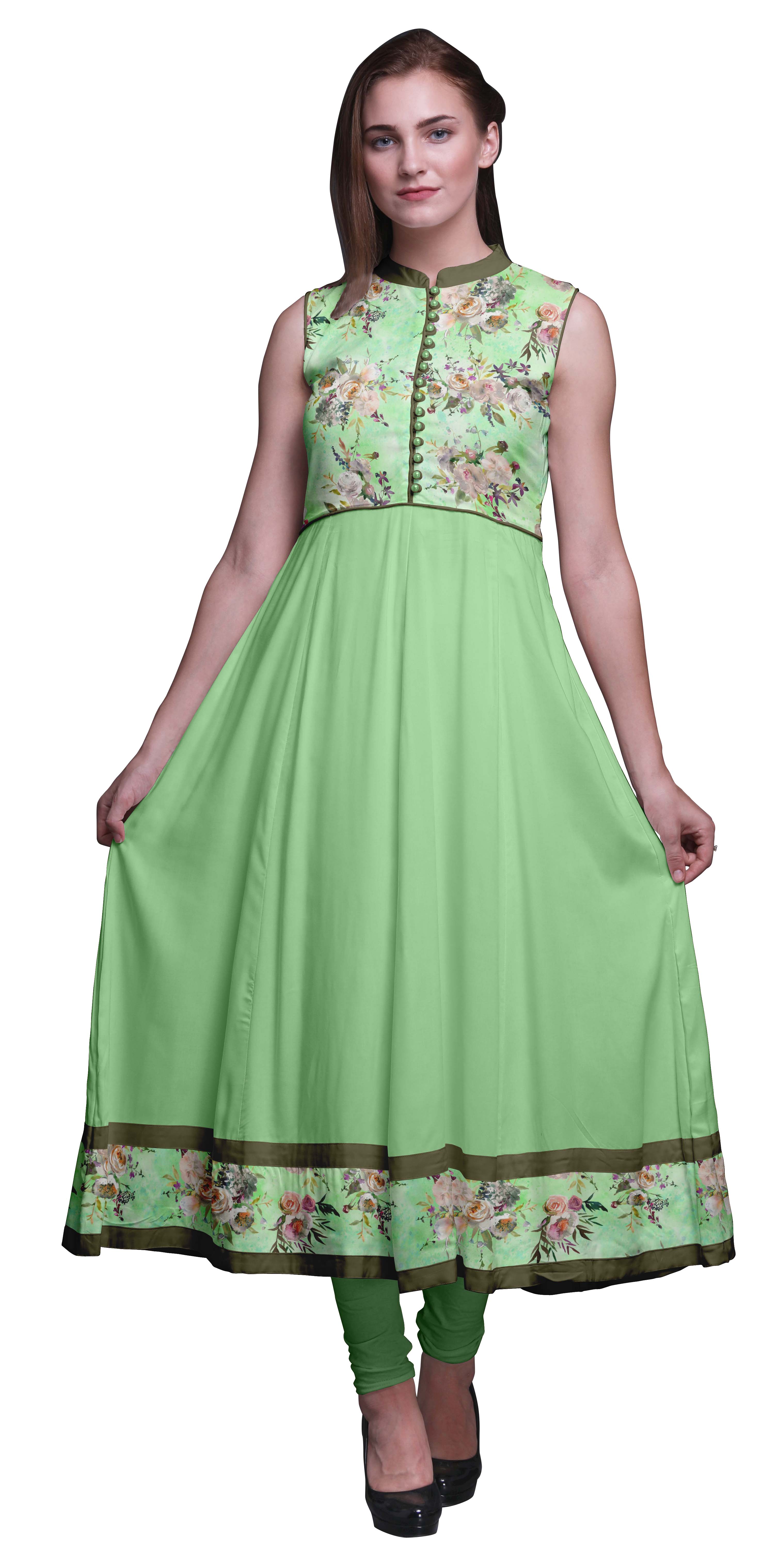 Bimba Kurtis Indiennes Vert Menthe à Fleurs pour Femmes, Anarkali Prête à Porter Unie, Robe Imprimée Kurti Indienne, Moyen