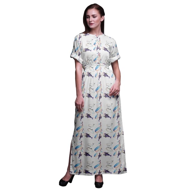 Bimba Robe Longue d'Été en Rayonne Imprimée Baleine Océan à Manches Kimono avec Fente - Medium