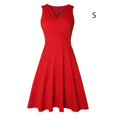 thumbnail image 4 of Femmes Plissée Taille Haute V Cou Enveloppé Robe d'Été de Couleur Unie Sans Manches, 4 of 7