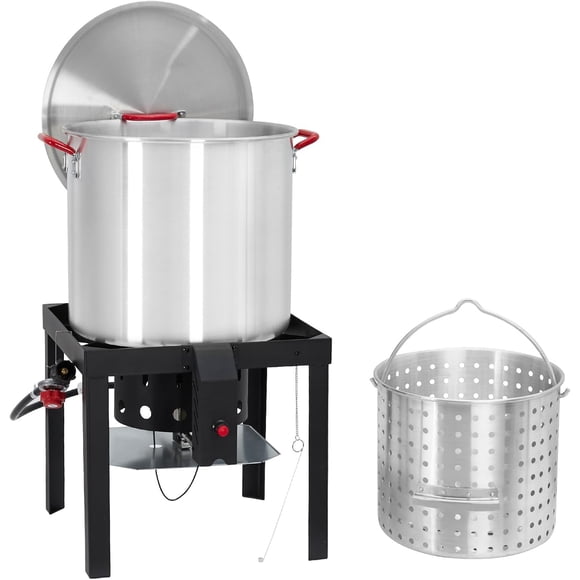 100 Qt Seafood Boil Pot, Aluminum Crawfish Boiler w/Steam/Boil Basket & Strainer, 110000 BTU Propane Stove Burner with Lifting Hook, 10 PSI Regulator, Outdoor Cooking Shrimp Crab Boiler