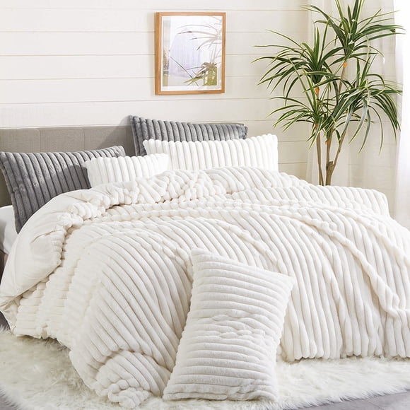 Winter Warm Fluffy Striped King Duvet Cover Set Cream White Shaggy Faux Fur Striped Bedding Set with Pillowcase Plush Fuzzy Comforter Cover Set