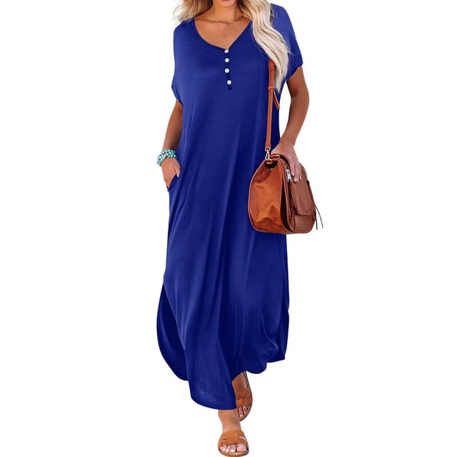 EQWLJWE Robe pour Femme Liquidation Robe d'Été Décontractée pour Femme à Manches Courtes Col en V Robe Évasée Robe Maxi Décontractée de Plage avec Poches Robes pour Femmes Grande Taille