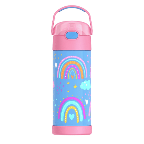 Thermos FUNtainer Bouteille Isotherme pour Enfants en Acier Inoxydable 14 Oz avec Motif Arc-en-Ciel, Rose