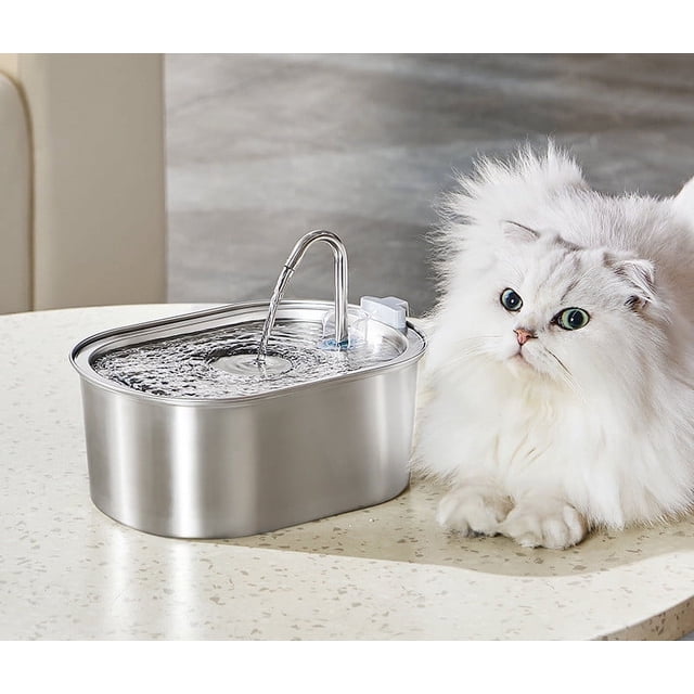 Weekly flyer pimelu All Stainless Steel Pet 3.2L Large Capacity SUS304 Pet Water Dispenser for cats and dogs. This cat water fountain features durable stainless steel construction, a flowing water spout, and a 3.2L capacity. Positioned on a countertop beside a white fluffy cat, it ensures fresh, circulating water for pets.