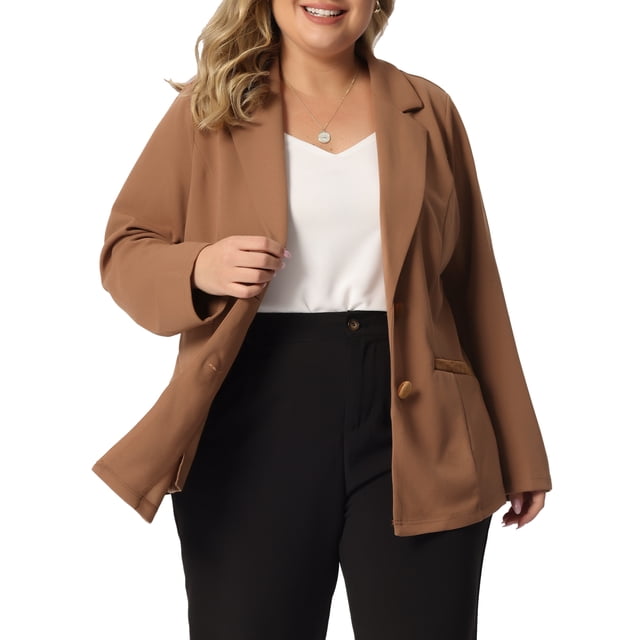GRACE & GRANDEUR Women's Plus Size Fall Workwear Notched Lapel Button Down Office Blazer 3X Brown