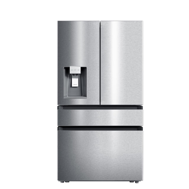 Moffat 36" Fingerprint Resistant Stainless Steel French Door Refrigerator - MYE22HYPKFS. This 21.6 cu. ft. refrigerator features a sleek stainless steel finish with recessed handles and a fingerprint-resistant surface. It includes an external ice and water dispenser, LED interior lighting, and two humidity-controlled crispers. The French door design offers four doors, with a 15.04 cu. ft. fresh food capacity and a 6.6 cu. ft. freezer capacity with two slide-out drawers. Energy Star certified for efficiency and equipped with a door alarm and Sabbath mode.