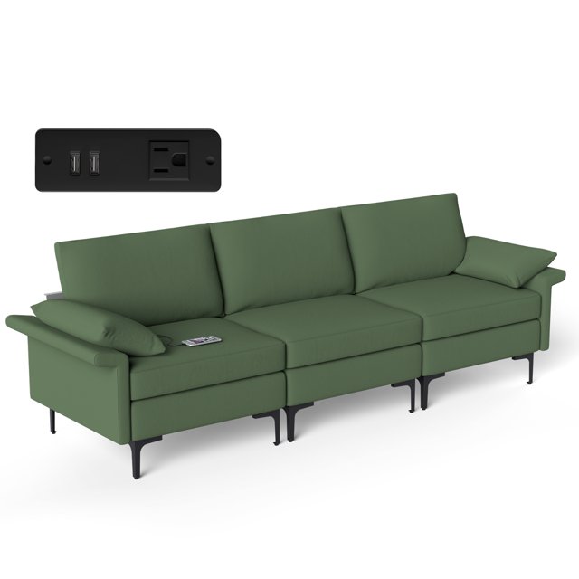 Costway Modern Modular Fabric 3-Seat Sofa Couch w/ Socket USB Ports & Metal Legs Green