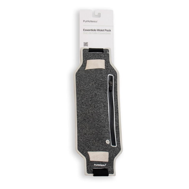 PurAthletics Essentials Waist Pack in dark grey neoprene with slim rectangular shape, vertical waterproof zipper pocket, reflective edges, and adjustable black elastic straps, suitable as a travel fanny pack for securely carrying mobile devices and essentials.