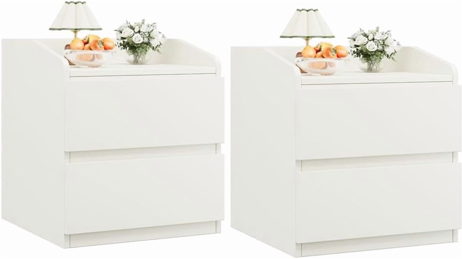 2-Pack Nightstand with 2 Drawers and Slanted Front, Modern White Bedside Table with PB+MDF Construction, Compact End Table for Bedroom Living Room, Easy Clean Surface