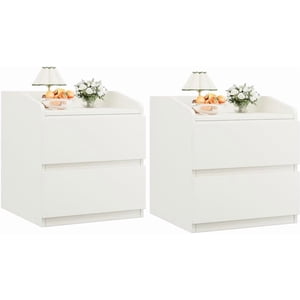 2-Pack Table de chevet avec 2 Tiroirs et façade inclinée, Table de chevet blanche moderne avec construction PB+MDF, Table d'extrémité compacte pour chambre à coucher salon, surface facile à nettoyer