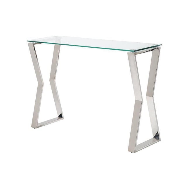 Home Gear Lily Console Table with a clear tempered glass top and angular geometric stainless steel legs in a zigzag design, serving as a modern sofa and accent table ideal for living rooms and versatile living spaces.