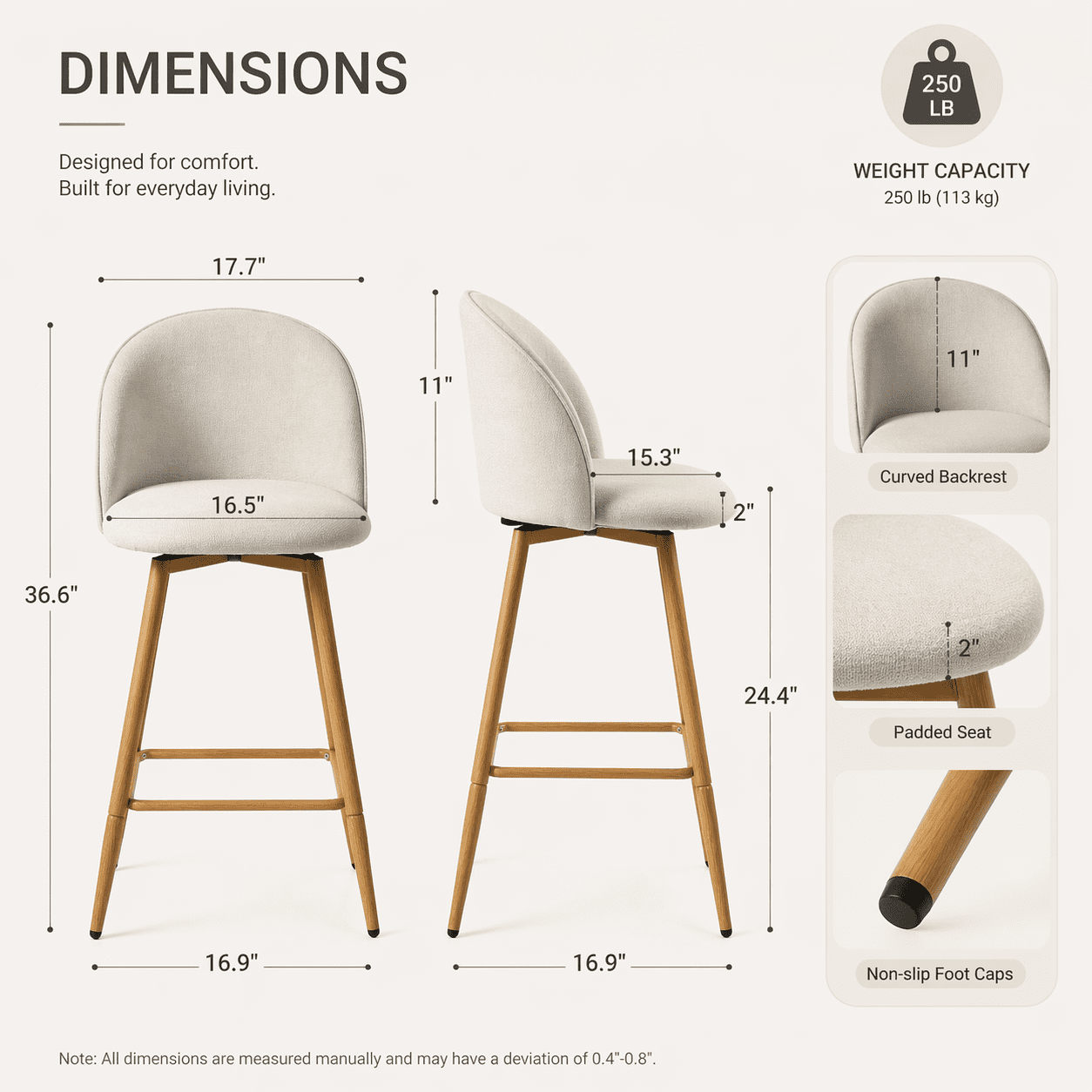Homy Casa Ensemble de 2 Tabourets de Comptoir Pivotants, Chaises Baril Rembourrées avec Tissu Imperméable, Pieds Métal Aspect Bois