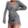 thumbnail image 1 of CEHVOM Women Pullover Long Sleeve Autumn Solid Casual V Neck Sweatshirt Drawstring Dress, 1 of 5