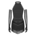 thumbnail image 2 of Hansber Robe de Danse pour Femmes à Franges en Strass avec Gants, Col Licou, Costume de Danse Latine pour Salle de Bal, Rumba, Salsa, Noir G, 2 of 7