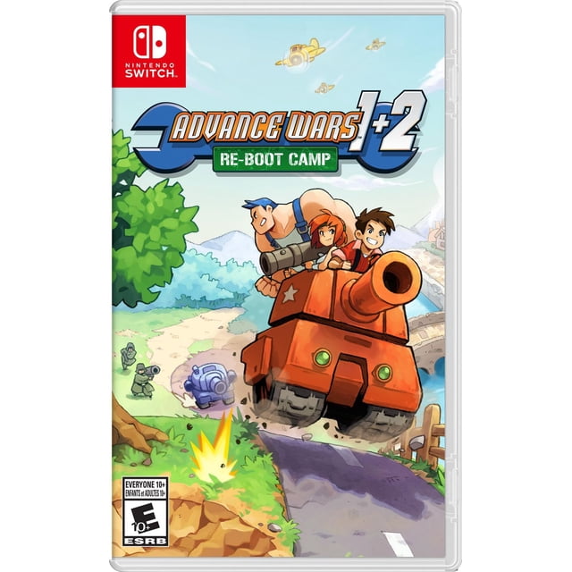 Advance WarsTM 1+2: Re-Boot Camp (Nintendo Switch) Couverture art Montrant Coloré, Unités Militaires de Dessin Animé et Éléments de terrain; remake de Stratégie au Tour par Tour avec Deux Campagnes, Unités Terrestres/aériennes/navales et jusqu'à mode versus à Quatre Joueurs, Souvent Utilisé pour Pratiquer la Pensée Tactique.