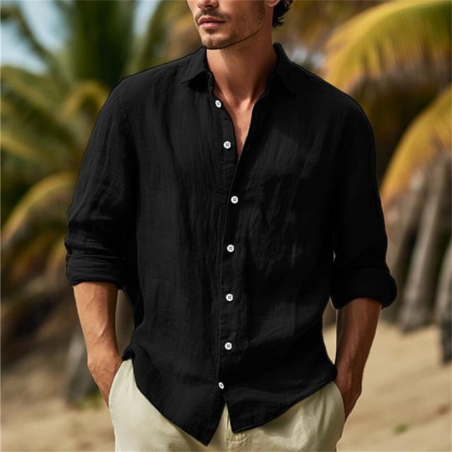 AherBiu Men's Linen Shirts Long Sleeve Button down Lapel Collar Regular Fitted Shirt Casual Summer Beach Shirts. The shirt is shown in black with a lightweight linen texture, featuring a button-down front and a lapel collar. The model wears the shirt with rolled-up sleeves, paired with beige pants, set against a tropical beach background with palm trees.