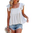 thumbnail image 3 of Débardeur Blouse Babydoll à Basque pour Femme, Col Carré Décontracté, Manches Courtes à Volants, Blanc G, 3 of 8