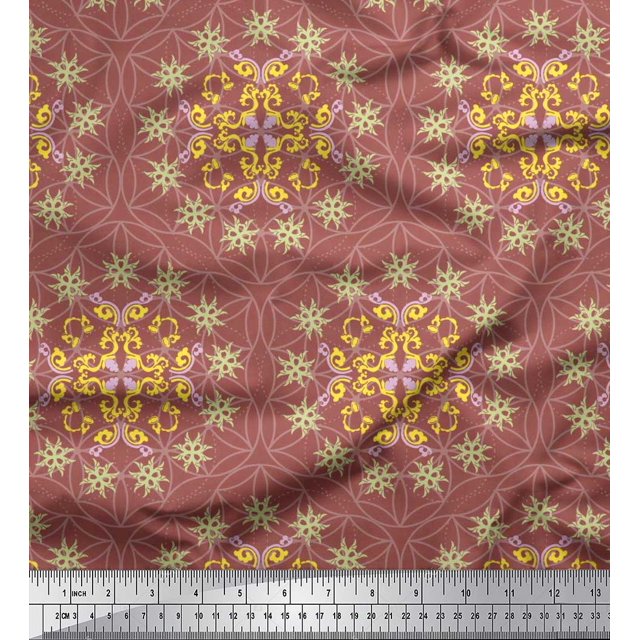 Soimoi Silk Fabric Moroccan Damask Print Fabric by Yard 42 Inch Wide
