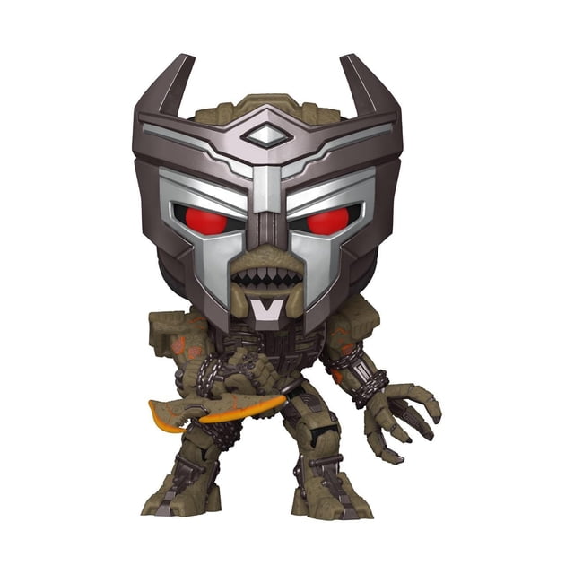 Funko Pop! Movies: Transformers - Scourge - Vinyl Figure showing a 4.9-inch tall stylized robot with a large metallic helmet featuring red eyes and sharp teeth, detailed brown and gray armor, and holding an orange-edged weapon, suitable for collectors of Transformers: Rise of the Beasts vinyl figures.