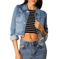 thumbnail image 2 of INSPIRE CHIC Women's Frayed Hem Button up Long Sleeve Washed Cropped Denim Jacket, 2 of 6