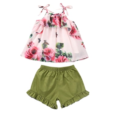 Ketyyh-chn99 Ballet Outfits for Girls Girl Skirt Outfit Here You Are Baby Clothes Floral Print Sleeveless Strap Suspenders Top Shorts Casual Beach 2PCS (Red, 12-18 Months)
