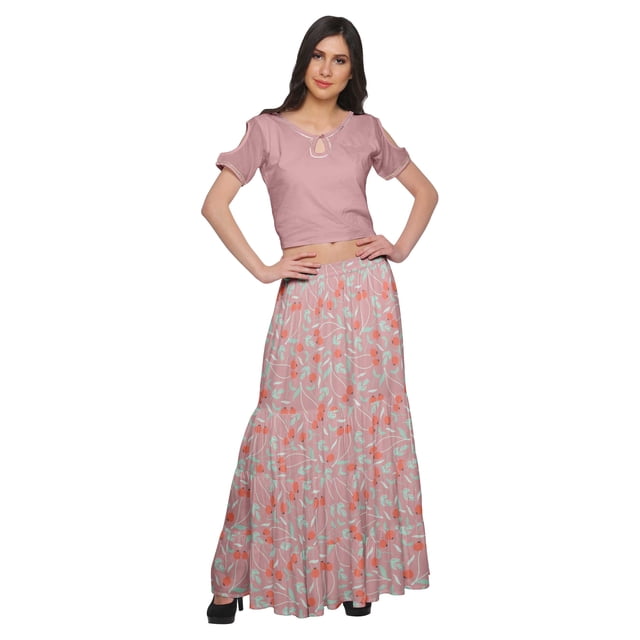Moomaya Printed Two Piece Flared Skirt And Crop Top Rayon Ethnic Set For Girls