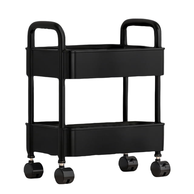Todaioua 2-Tier Plastic Rolling Utility Cart with Handle in black, featuring two spacious shelves with ergonomic circular armrests and ventilated holes for breathability. The cart is equipped with four smooth-rolling casters for easy mobility, making it suitable for use in the kitchen, living room, office, or bathroom. Dimensions are 43.5x31x21 cm (17.1x12.2x8.3 inches).