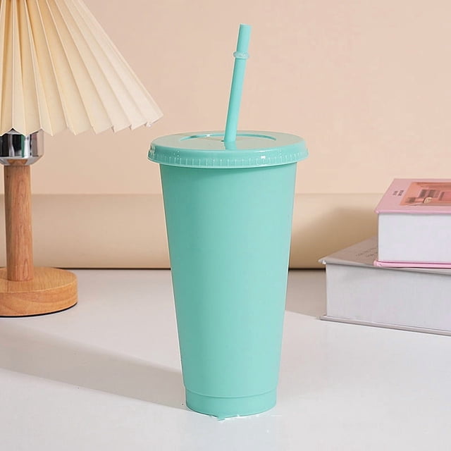 Assorted solid color reusable 710ml 24oz plastic cup cold cup coloured cup takeaway straw cup glasses with straw and lid